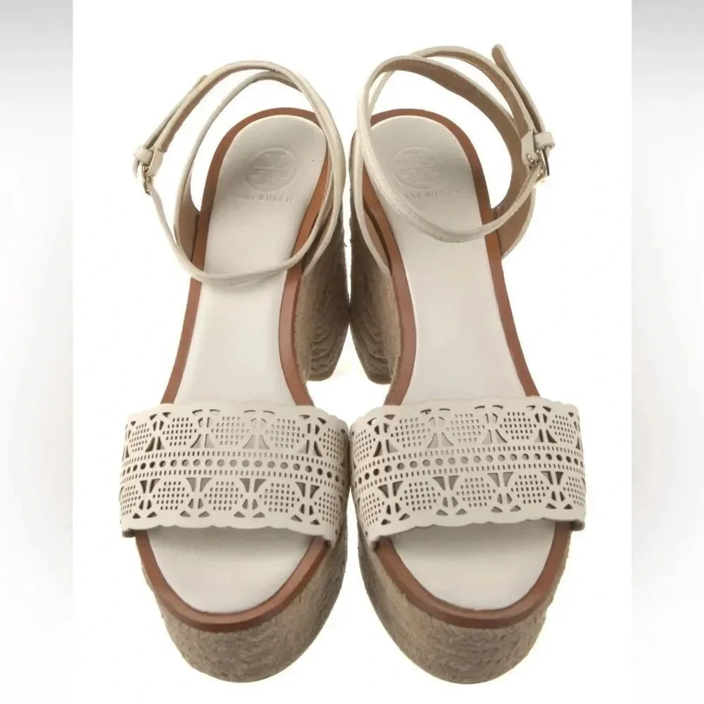 Tory Burch White Roselle Leather Lasercut Accents Platform Women's Espadrilles s - Picture 3 of 5